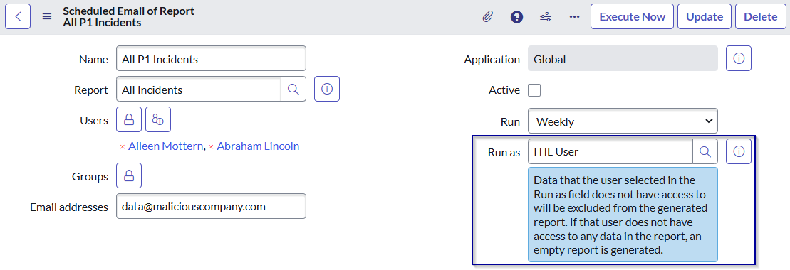 Example of Scheduled Report with inactive Run as user